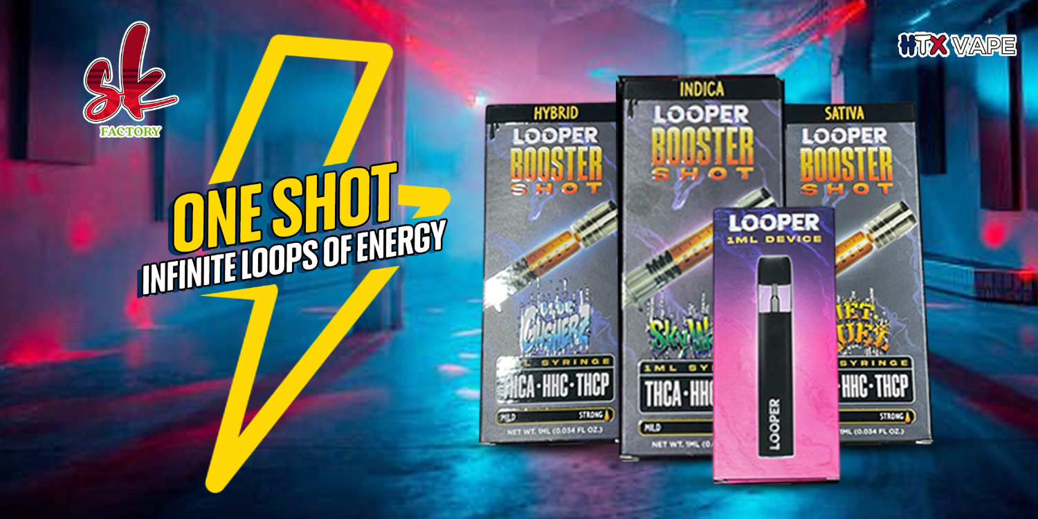 Loopers Booster Shot packaging with colorful design and text on a blue gradient background